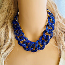 Load image into Gallery viewer, Royal Blue rhinestone Linking Chain Choker shirt necklace, stunning elegant silver gold statement bib necklace dark blue