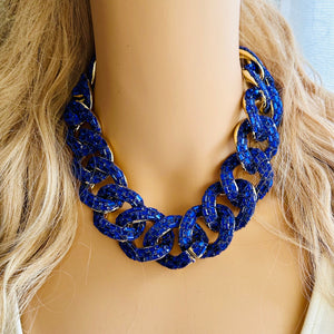 Royal Blue rhinestone Linking Chain Choker shirt necklace, stunning elegant silver gold statement bib necklace dark blue