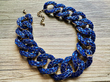 Load image into Gallery viewer, Royal Blue rhinestone Linking Chain Choker shirt necklace, stunning elegant silver gold statement bib necklace dark blue