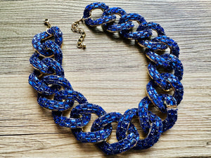 Royal Blue rhinestone Linking Chain Choker shirt necklace, stunning elegant silver gold statement bib necklace dark blue