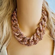 Load image into Gallery viewer, RoseGold rhinestone Linking Chain Choker shirt necklace, stunning elegant silver gold statement bib necklace dusty rose pink rose gold