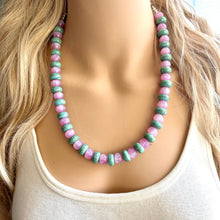 Load image into Gallery viewer, Pink &amp; Green Shimmer Single Strand Beaded Statement Necklace, turquoise beaded necklace, purple bridesmaid jewelry layering glitter resin