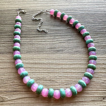 Load image into Gallery viewer, Pink &amp; Green Shimmer Single Strand Beaded Statement Necklace, turquoise beaded necklace, purple bridesmaid jewelry layering glitter resin