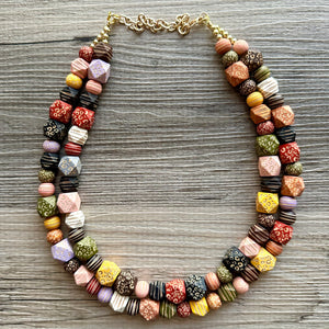 Rainbow textured Double Strand statement necklace, big beaded chunky jewelry, animal print cheetah stripes wood geometric OOAK