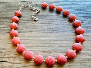 Coral Crackle Statement Necklace, big Beaded Chunky Jewelry, Single Strand wedding everyday dress necklace, pink jewelry silver black peach