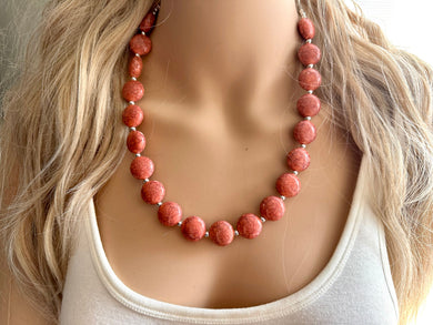 Coral Crackle Statement Necklace, big Beaded Chunky Jewelry, Single Strand wedding everyday dress necklace, pink jewelry silver black peach