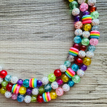 Load image into Gallery viewer, Triple Rainbow Silver Beaded Necklace, Colorful Jewelry, Chunky statement necklace, rainbow jewelry, rainbow baby confetti white ombré