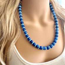 Load image into Gallery viewer, Blue Ombré Shimmer Single Strand Beaded Statement Necklace, turquoise beaded necklace, royal blue bridesmaid jewelry layering glitter resin