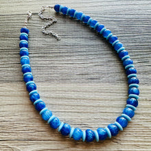 Load image into Gallery viewer, Blue Ombré Shimmer Single Strand Beaded Statement Necklace, turquoise beaded necklace, royal blue bridesmaid jewelry layering glitter resin