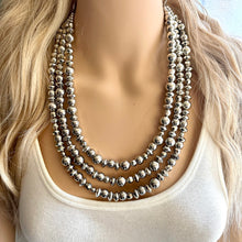 Load image into Gallery viewer, Reflecting Pool Silver Chunky Statement Necklace, Big beaded jewelry, Gray 3 Strand Statement Necklace, Bib necklace winter mirror silver