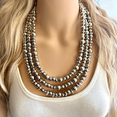 Reflecting Pool Silver Chunky Statement Necklace, Big beaded jewelry, Gray 3 Strand Statement Necklace, Bib necklace winter mirror silver