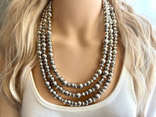 Load image into Gallery viewer, Reflecting Pool Silver Chunky Statement Necklace, Big beaded jewelry, Gray 3 Strand Statement Necklace, Bib necklace winter mirror silver