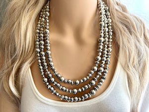 Reflecting Pool Silver Chunky Statement Necklace, Big beaded jewelry, Gray 3 Strand Statement Necklace, Bib necklace winter mirror silver