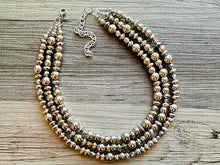 Load image into Gallery viewer, Reflecting Pool Silver Chunky Statement Necklace, Big beaded jewelry, Gray 3 Strand Statement Necklace, Bib necklace winter mirror silver