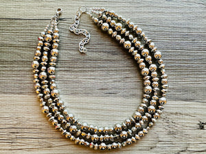 Reflecting Pool Silver Chunky Statement Necklace, Big beaded jewelry, Gray 3 Strand Statement Necklace, Bib necklace winter mirror silver
