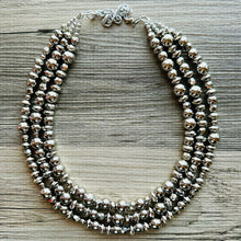 Load image into Gallery viewer, Reflecting Pool Silver Chunky Statement Necklace, Big beaded jewelry, Gray 3 Strand Statement Necklace, Bib necklace winter mirror silver