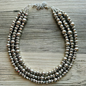 Reflecting Pool Silver Chunky Statement Necklace, Big beaded jewelry, Gray 3 Strand Statement Necklace, Bib necklace winter mirror silver