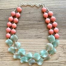 Load image into Gallery viewer, Coral Crackle Aquarium Statement Necklace, big Beaded Chunky Jewelry, Double Strand wedding everyday dress necklace, pink jewelry silver