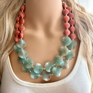 Coral Crackle Aquarium Statement Necklace, big Beaded Chunky Jewelry, Double Strand wedding everyday dress necklace, pink jewelry silver