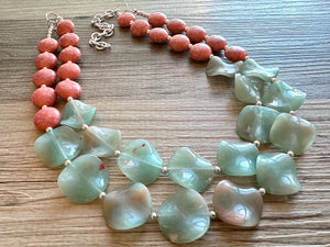 Coral Crackle Aquarium Statement Necklace, big Beaded Chunky Jewelry, Double Strand wedding everyday dress necklace, pink jewelry silver