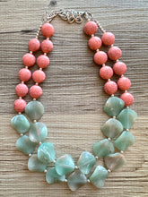 Load image into Gallery viewer, Coral Crackle Aquarium Statement Necklace, big Beaded Chunky Jewelry, Double Strand wedding everyday dress necklace, pink jewelry silver
