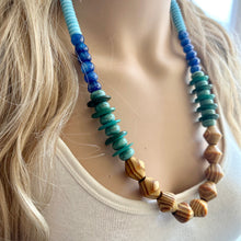 Load image into Gallery viewer, Vintage Wood + Glass Beaded long necklace, neutral beaded statement necklace, everyday gem stone chunky layering necklace blue turquoise