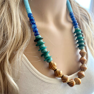 Vintage Wood + Glass Beaded long necklace, neutral beaded statement necklace, everyday gem stone chunky layering necklace blue turquoise