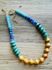 Vintage Wood + Glass Beaded long necklace, neutral beaded statement necklace, everyday gem stone chunky layering necklace blue turquoise