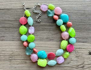 Spring Storm Green & Pink Necklace, multi strand colorful jewelry, big beaded chunky statement set necklace bubble everyday lime mint