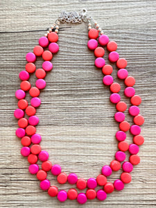 Red & Pink Flutter Necklace, multi strand colorful jewelry, chunky statement necklace, hot pink necklace, Saint Valentines Day February