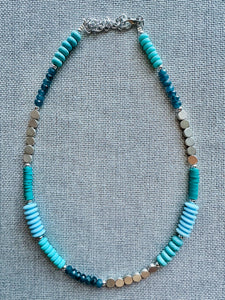 Vintage Silver Glass Beaded long necklace, neutral beaded statement necklace, everyday gem stone chunky layering necklace blue turquoise