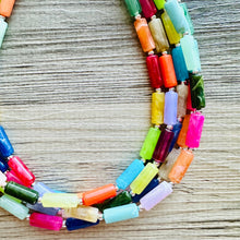 Load image into Gallery viewer, Rainbow Necklace, 5 Strand Statement Jewelry, Colorful Chunky bib bridesmaid or everyday bubble jewelry, acrylic beaded resin bead