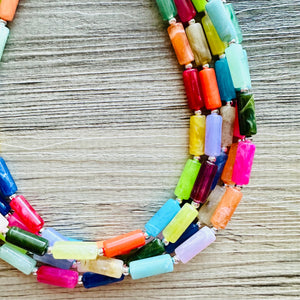 Rainbow Necklace, 5 Strand Statement Jewelry, Colorful Chunky bib bridesmaid or everyday bubble jewelry, acrylic beaded resin bead