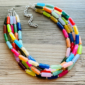 Rainbow Necklace, 5 Strand Statement Jewelry, Colorful Chunky bib bridesmaid or everyday bubble jewelry, acrylic beaded resin bead