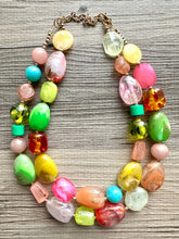 Load image into Gallery viewer, Tropical Paradise 2 Strand statement necklace, big beaded chunky jewelry, Fuchsia Lime Green Coral Bib Jewelry Set earrings set yellow