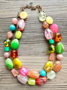 Tropical Paradise 2 Strand statement necklace, big beaded chunky jewelry, Fuchsia Lime Green Coral Bib Jewelry Set earrings set yellow