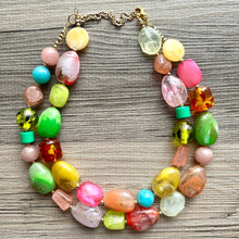 Load image into Gallery viewer, Tropical Paradise 2 Strand statement necklace, big beaded chunky jewelry, Fuchsia Lime Green Coral Bib Jewelry Set earrings set yellow