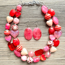 Load image into Gallery viewer, Bubble Heart Necklace, multi strand colorful jewelry, chunky statement necklace, cream red pink Saint Valentines Day February earrings set