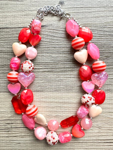 Bubble Heart Necklace, multi strand colorful jewelry, chunky statement necklace, cream red pink Saint Valentines Day February earrings set
