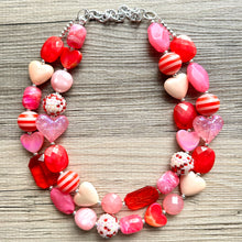 Load image into Gallery viewer, Bubble Heart Necklace, multi strand colorful jewelry, chunky statement necklace, cream red pink Saint Valentines Day February earrings set