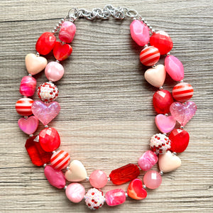 Bubble Heart Necklace, multi strand colorful jewelry, chunky statement necklace, cream red pink Saint Valentines Day February earrings set