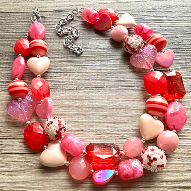 Bubble Heart Necklace, multi strand colorful jewelry, chunky statement necklace, cream red pink Saint Valentines Day February earrings set