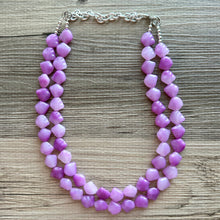 Load image into Gallery viewer, Purple Ombré statement necklace, chunky bib necklace, beaded jewelry lavender necklace, 2 strand pinkish purple jewelry white cream