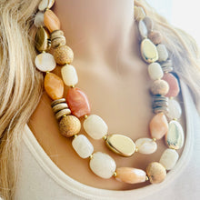 Load image into Gallery viewer, Neutral Spring Breeze Big Bead Necklace, multi Strand Statement Jewelry, toffee Chunky bib, bridesmaid necklace, brown tan beaded champagne