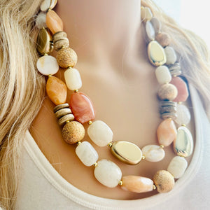 Neutral Spring Breeze Big Bead Necklace, multi Strand Statement Jewelry, toffee Chunky bib, bridesmaid necklace, brown tan beaded champagne