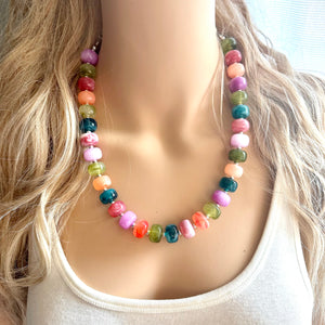 Rainbow Candy Statement Necklace, resin chunky multi-strand jewelry, olive green purple blue necklace, single strand silver necklace thick