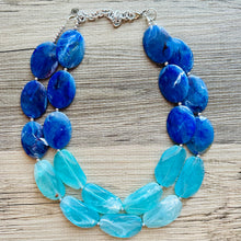 Load image into Gallery viewer, Blue Ombré statement necklace, chunky light blue necklace earrings, royal bib necklace, aqua turquoise jewelry, beaded blue necklace jewelry