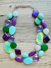 Load image into Gallery viewer, Bahama Seascape Statement Necklace, Silver green seafoam purple necklace, beaded chunky bib necklace, colorful island jewelry hunter