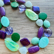 Load image into Gallery viewer, Bahama Seascape Statement Necklace, Silver green seafoam purple necklace, beaded chunky bib necklace, colorful island jewelry hunter