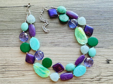 Load image into Gallery viewer, Bahama Seascape Statement Necklace, Silver green seafoam purple necklace, beaded chunky bib necklace, colorful island jewelry hunter